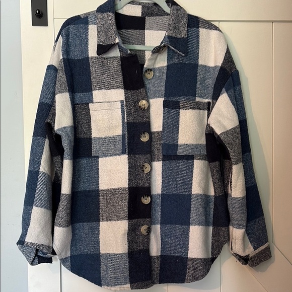 Plaid Button-Up Women's Jacket - Blue, Black and White - Picture 1 of 3